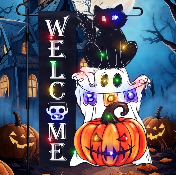 Halloween LED Garden Flag 8 Modes Feet Shape Flag, 12x18 Double Sided (Ghost) - Picture 2 of 7